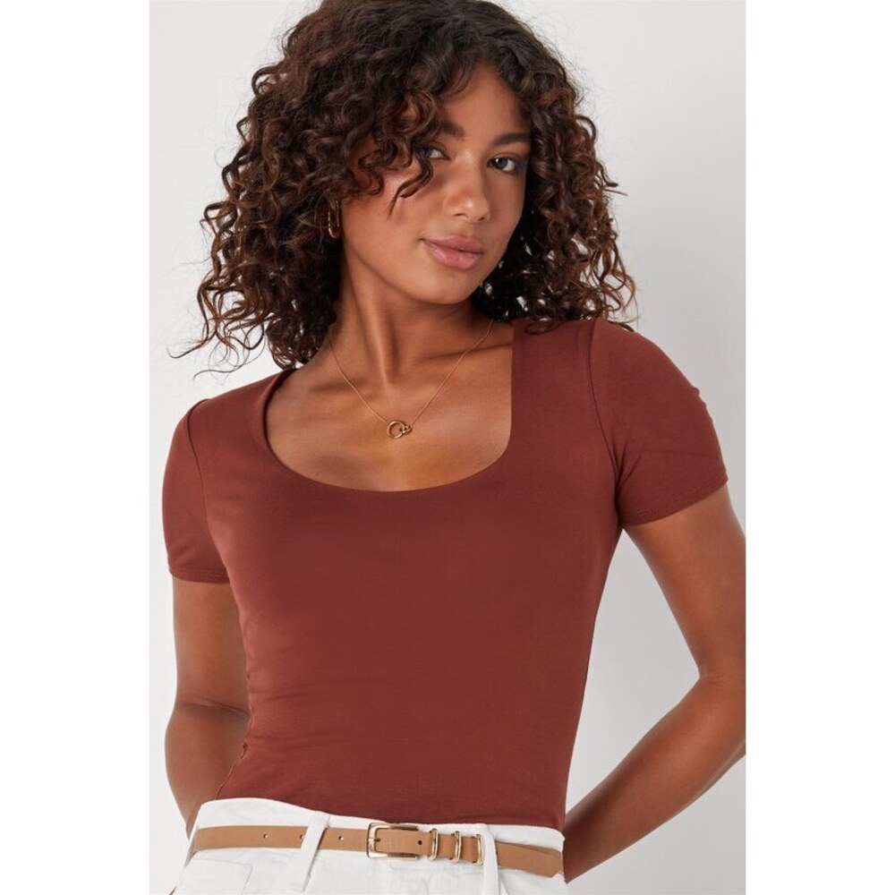 Lulus Basically Effortless Brown Short Sleeve Scoop Neck Top